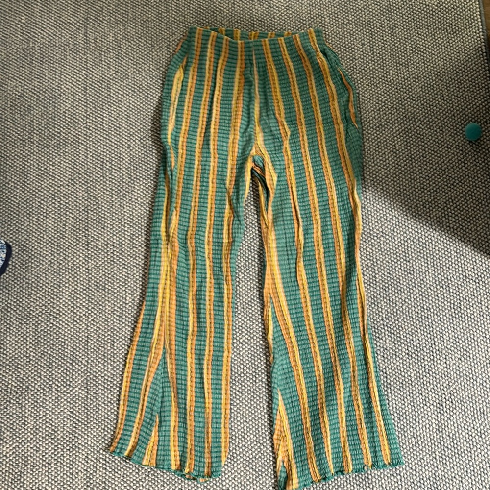 Fine Line Striped Textured Pull On Flare Leg Pants
